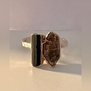 Handcrafted Sterling Silver Shield Quartz & Black Tourmaline, Ring Size 7